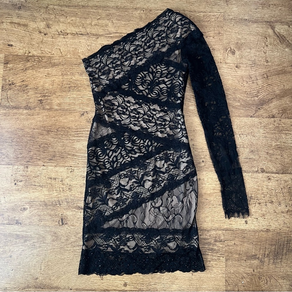 Bebe Black Lace One-Shoulder Dress
